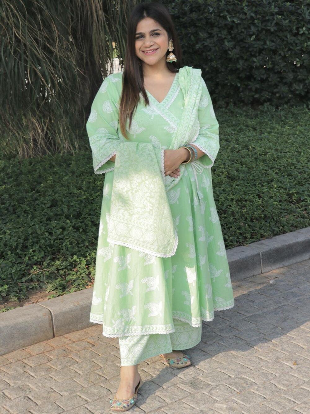 Libas Khari Angrakha Dress Kurta Green Cotton Paisley XXL Vneck Midi Lace Trim